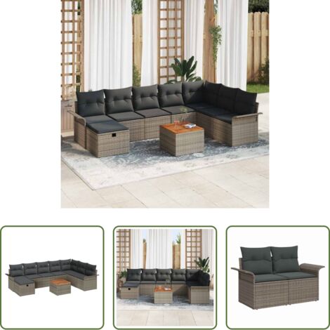 Cuscino da esterno -  Set Divano da Giardino con cuscino 9 pcs Grigio Poly Rattan