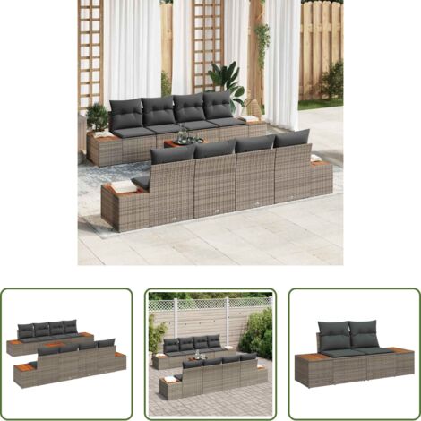 Cuscino da esterno -  Set Divano da Giardino con cuscino 9 pcs Grigio Poly Rattan