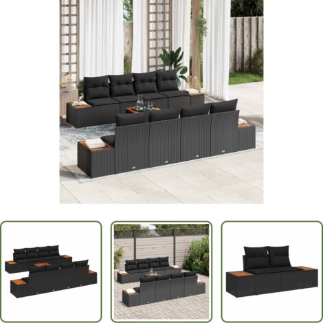 Cuscino da esterno -  Set Divano da Giardino con cuscino 9 pcs Nero Poly Rattan