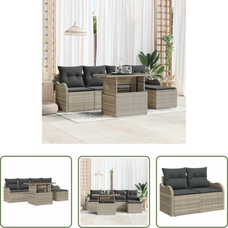 Cuscino da giardino -  Set da esterno con cuscino 6 pcs Grigio chiaro Poly Rattan