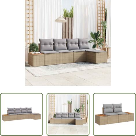 Cuscino da giardino -  Set Divano da Giardino con cuscino 5 pcs Beige Poly Rattan