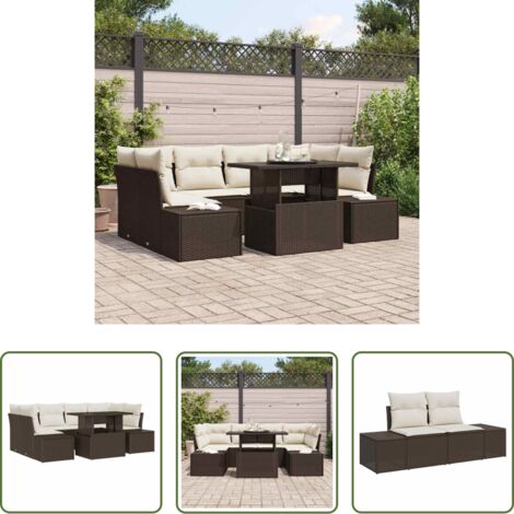 Cuscino da giardino -  Set Divano da Giardino con cuscino 7 pcs Marrone e Crema