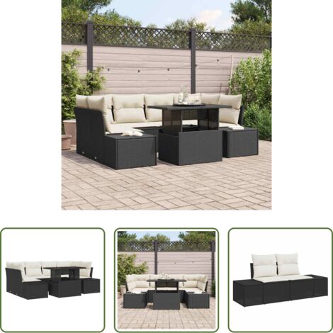 Cuscino da giardino -  Set Divano da Giardino con cuscino 7 pcs Nero e Crema