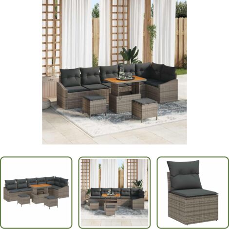 Cuscino da giardino -  Set Divano da Giardino con cuscino 9 pcs Grigio Poly Rattan