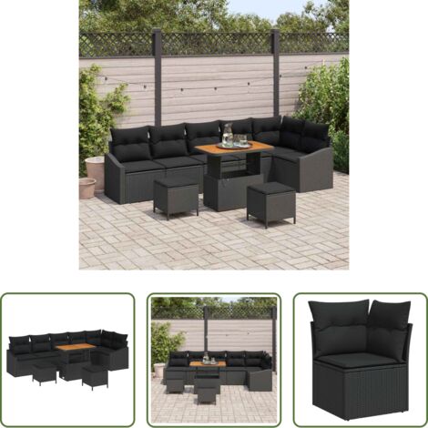Cuscino da giardino -  Set Divano da Giardino con cuscino 9 pcs Nero Poly Rattan