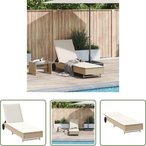 Cuscino da seduta -  Lettino Prendisole con Ruote e Cuscino in Polyrattan Beige