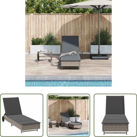 Cuscino da seduta -  Lettino Prendisole con Ruote e Cuscino in Polyrattan Grigio
