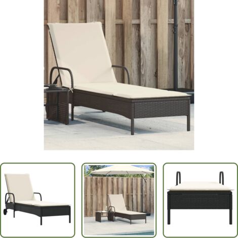 Cuscino da seduta -  Lettino Prendisole con Ruote e Cuscino in Polyrattan Nero