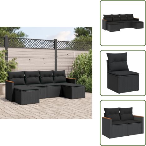 Cuscino da seduta - vidaXL Set Divano da Giardino 6 pz con Cuscini Nero in Polyrattan - Rattan PE