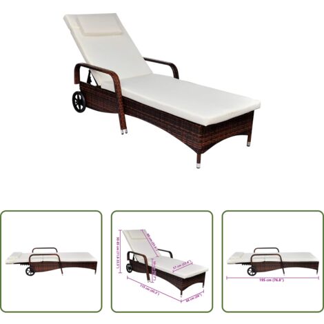 Cuscino -  Lettino Prendisole con Cuscino e Ruote in Polyrattan Marrone