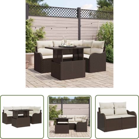 Cuscino per esterni -  Set da pranzo per esterni con cuscino 5 pcs Marrone Poly Rattan