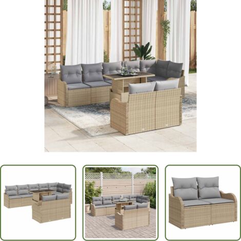 Cuscino per esterni -  Set di relax con cuscino 9 pcs Beige Poly Rattan