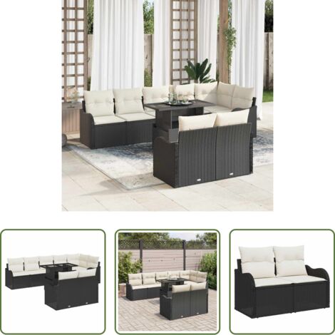 Cuscino per esterni -  Set di relax con cuscino 9 pcs Nero Poly Rattan