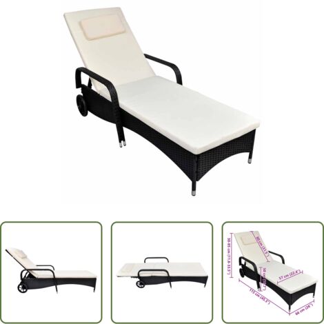 Cuscino per lettino -  Lettino Prendisole con Cuscino e Ruote in Polyrattan Nero