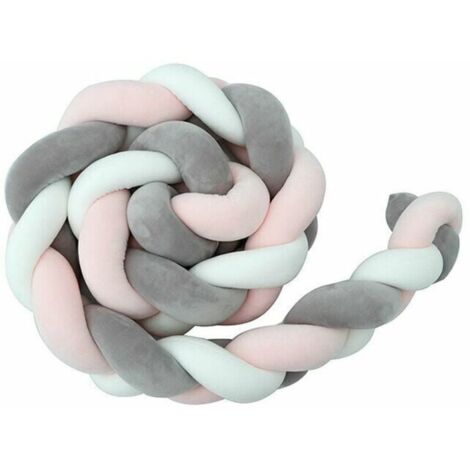 Cuscino per letto per bambini da 2 m, a forma di serpente, intrecciato, in velluto, per la protezione dei bambini, in tessuto, anticollisione (bianco+grigio+rosa)