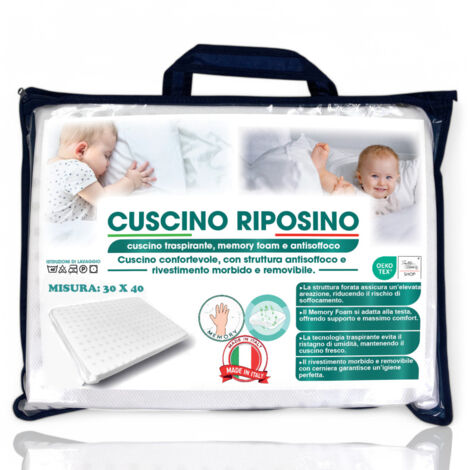 Cuscino Riposino Baby Memory Foam 30x40 cm - Traspirante, Antisoffoco, Sfoderabile - Made in Italy