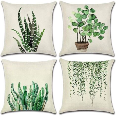 Cushion cover, set of 4 waterproof pillowcases with green leaf pattern, 44x44 cm