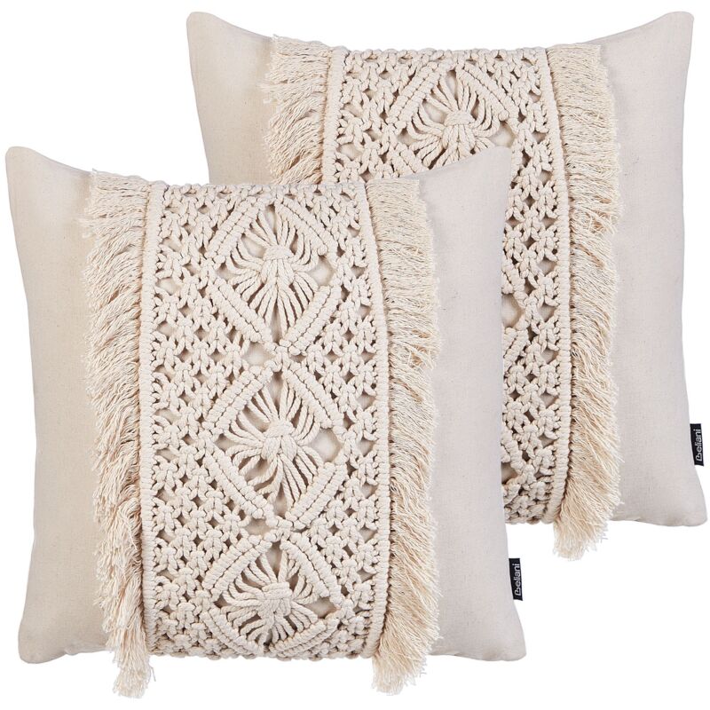 Beliani Set Of 2 Decorative Cushions Kalam Cotton 45 X 45 Cm Light Beige Geometric Pattern