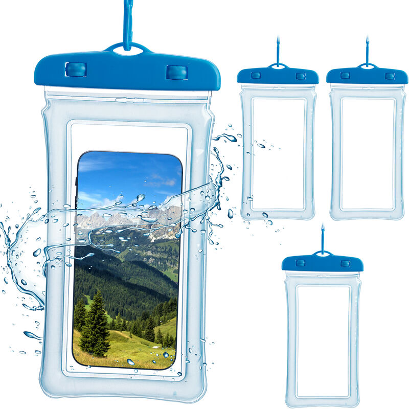 Image of Custodia Impermeabile per Cellulare, Set da 4, Bustina Porta Smartphone fino 6,7 Waterproof, con Cordino, Blu - Relaxdays
