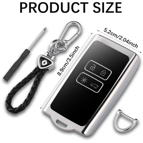 Custodia per chiave Renault, custodia per chiave auto in TPU a 4 pulsanti, portachiavi per auto in TPU con anello portachiavi in pelle, compatibile con Renault, argento (argento)