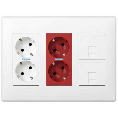 Custodia Simon 500 Cima con 6 meccanismi, 2 Schuko bianchi + 2 Schuko rossi + 2 Rj45, a incasso o a superficie. Bianco