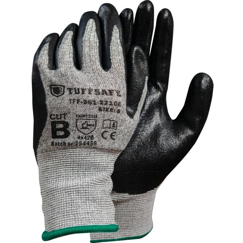 Cut b, 13g, Foam Nitrile Palm Coated Gloves, Size 11, Pack of 12 - Black - Tuffsafe