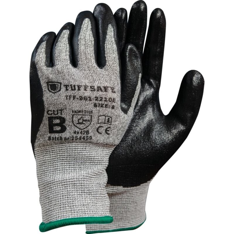 Tuffsafe Cut B, 13g, Foam Nitrile Palm Coated Gloves, Size 7, Pack of 12 - Black