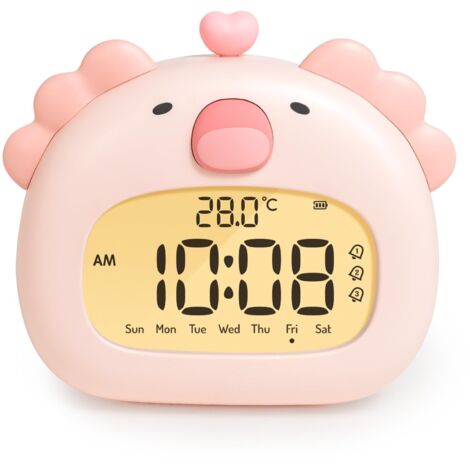 Cute Axolotl Réveil pour Enfant Réveil de Chevet avec Veilleuse, Écran LED Numérique, 3,15 Pouces, Trois Alarmes, Mode Week-End, Date, Heure, Température, Rechargeable, Décoration pour Chambre