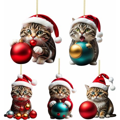 Cute Cat Christmas Bauble - 5 Hanging Pendants for Kitten's Home for Holidays - Cute Cat Christmas Decoration, Two-Tone Cat Christmas Ornaments