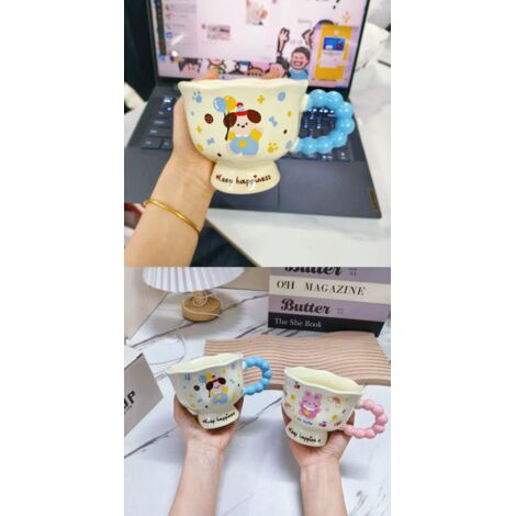 Cute mug with high value ceramic lovers' cups for girls and boys' birthday gifts and Valentine's Day gifts (Blue+Pink)