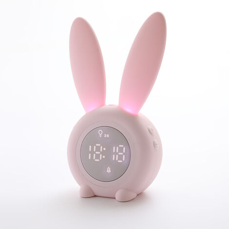 Cute Rabbit Shape Induction Alarm Clock, Intelligent Automatic Breathing Light Setting, Automatic Time/Date/Temperature Display, Voice Control or Shake