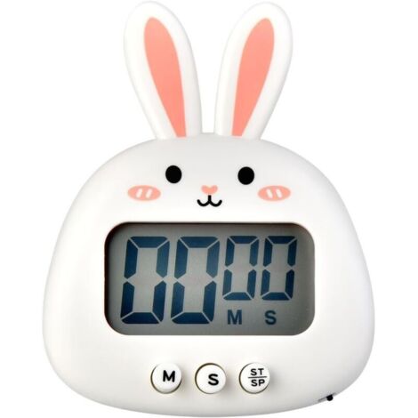Cute rabbit-shaped kitchen timer - Large display - Digital - Magnetic stopwatch with clock, countdown timer - Mini cooking timer (battery not included) - White