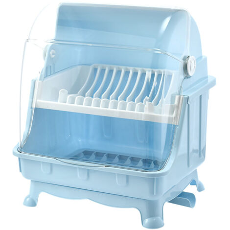 Cutlery Dish Drainer Rack with Lid Cover Multifunctional Kitchen Tableware Storage Box Blue