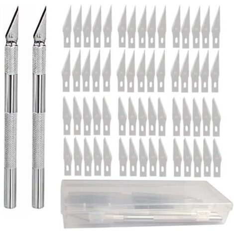 Cutter de précision - MARQUE - Couteau en Acier Inoxydable - 2 Scalpel - 60 Lames de Rechange - Antidérapant