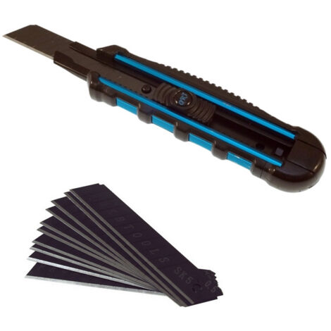 Cutter poignee aluminium et tpr avec etui de 10 lames noires