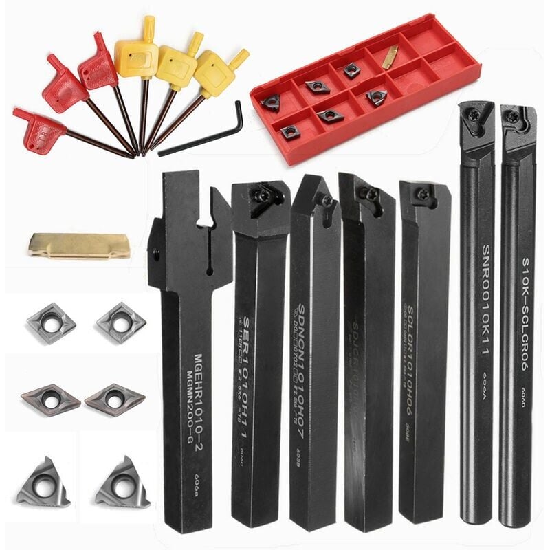 Cutting Tools 10mm 7pcs Shank Lathe Turning Tool Holder Boring Bar with 7pcs Carbide Insert and Wrench Wrenches