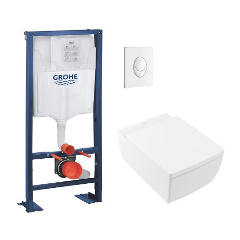 Cuvette suspendu sans bride Villeroy et Boch Memento 2.0 avec bati support Grohe, plaque blanche