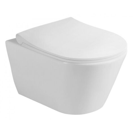 Cuvette suspendue sans bride AVVARIMLESS – Abattant frein de chute slim – Céramique blanche – Fixations invisibles – Dimensions 53 x 36 cm
