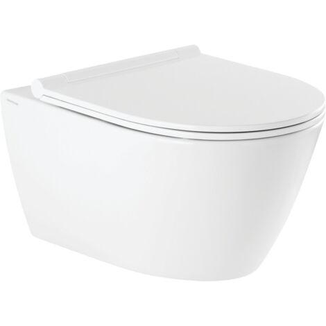 Cuvette WC suspendu sans bride – Abattant frein de chute blanc extra-fin – Charnières inox – Dimensions 56 x 38 cm – Anconetti