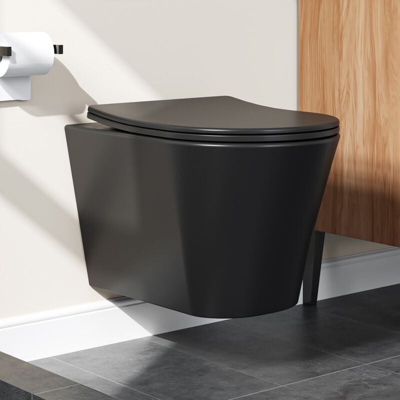 Wc suspendu wc mural noir mat avec abattant avec système d'abaissement automatique – wc en céramique avec revêtement nano – chasse Superspin monotrou