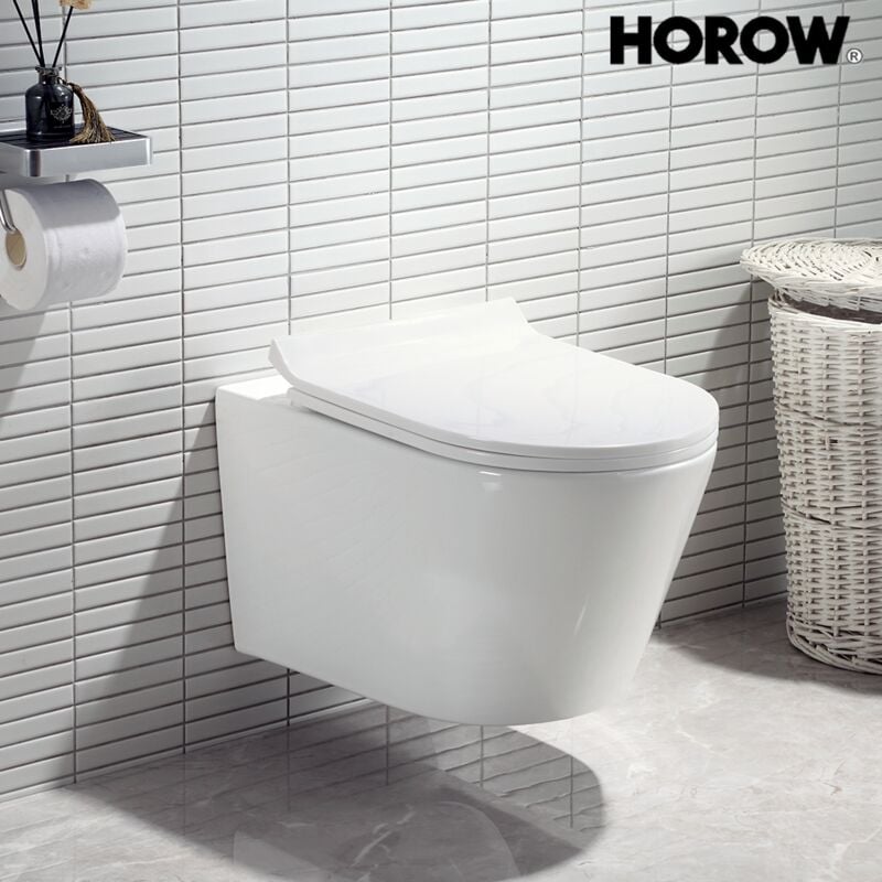 Cuvette wc Suspendu sans Rebord en Céramique - Toilette Mural avec Lunette wc Amovible - Abattants wc avec Abaissement Automatique -Pack wc