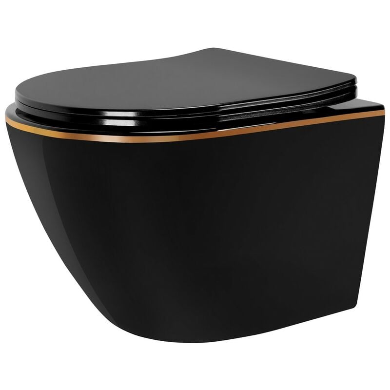 REA - cuvette wc suspendue carlo mini rimless duroplast flat black gold edge - noir/ or