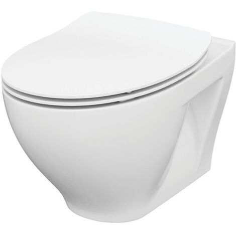 Cuvette WC suspendue sans bride en porcelaine – Abattant slim thermodur avec frein de chute – Design moderne et épuré – Anconetti