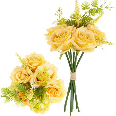 CV26932-2 BOUQUET DE ROSES ARTIFICIELLES 6 PIÈCES BELLES ROSES ÉPAISSES EN BOUQUET JAUNES, RESSEMBLATANTES À LA VIE