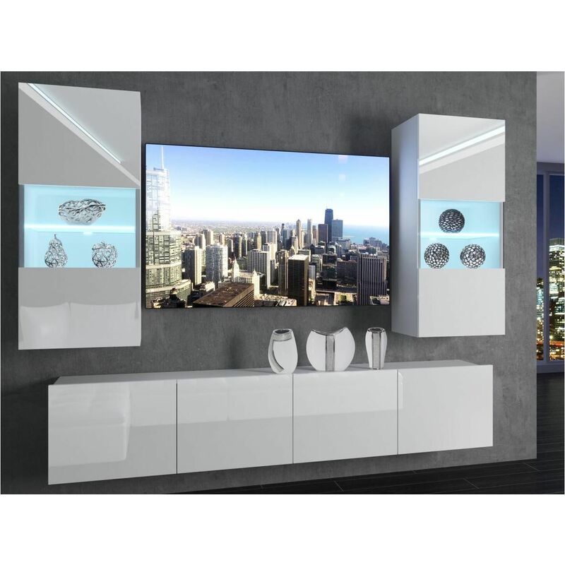 CYAN - Ensemble meubles TV + LED - Unité murale moderne - Largeur 200 cm - Mur TV à suspendre - 2 meuble vitrines - Blanc