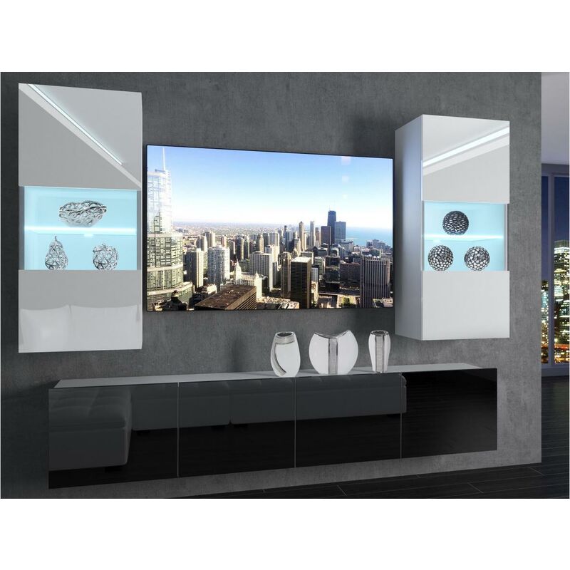 

CYAN | Mueble TV + LED | Unidad de pared moderna | Ancho 200 cm | Colgante de pared para TV | 2 vitrinas - Blanco/Negro