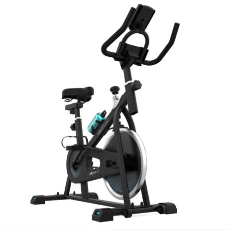 Cyclette spinning indoor compatta con volano da 10 kg. Display LCD. Porta-dispositivi. Cardiofrequenzimetro. Ruote di trasporto. Resistenza di attrito. Sellino regolabile in verticale e orizzontale.