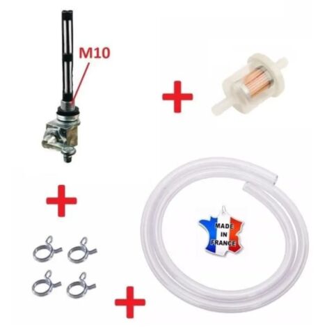 Cyclingcolors – Kit essence universel – Robinet M10 x 100 métal chromé – Tuyau, filtre et collier pour mobylette Peugeot 103 – Réparation et entretien