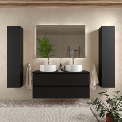 Cygnus Bath – Meuble de salle de bain 120cm noir mat – Vasque en porcelaine blanche résistante aux rayures – Tiroirs à fermeture amortie – MDF résistant à l'humidité