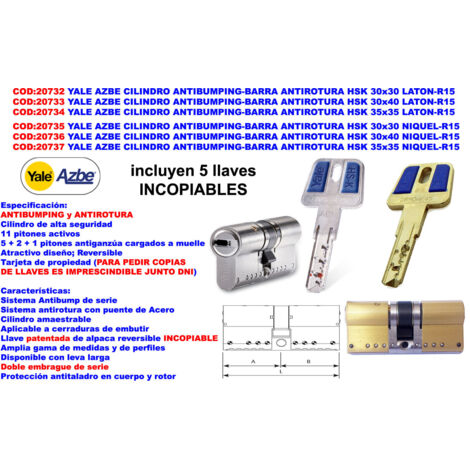 Cylindre Antibumping Yale avec Barre Anti-Casse HSK Mod 30x30 L-R15